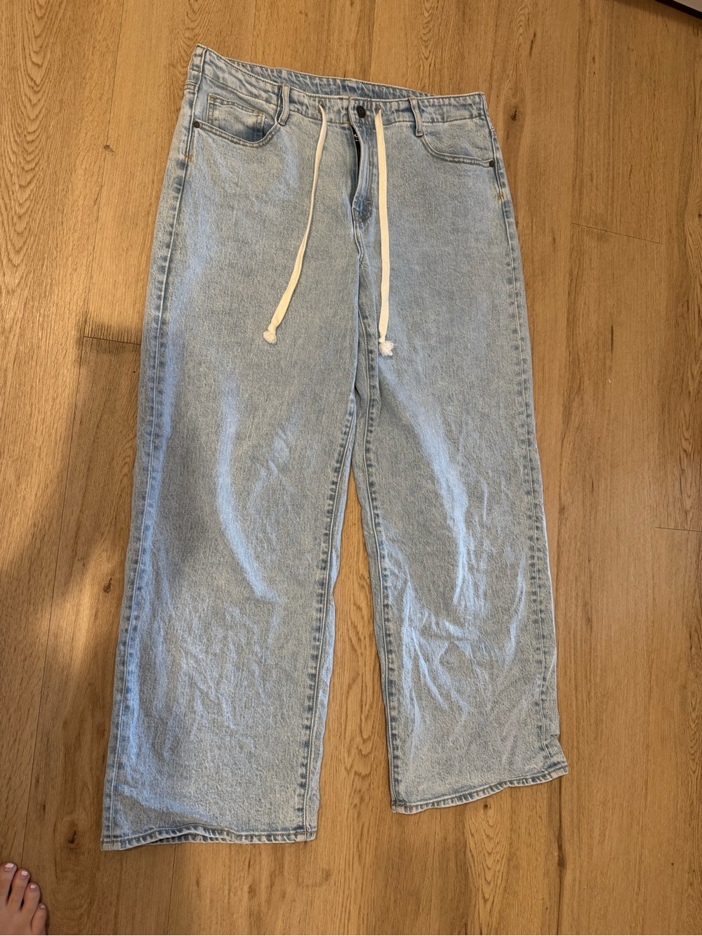 Light Blue Wide-Leg Women's Denim Pants with Drawstring